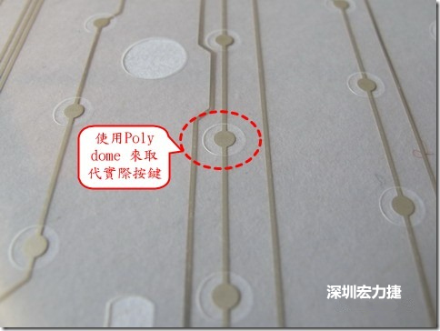 仔細看下面的第一張圖片，在圓形的節點旁邊有個圓形的開口，這個開口墊高了鍵盤按鍵的接觸點線路。