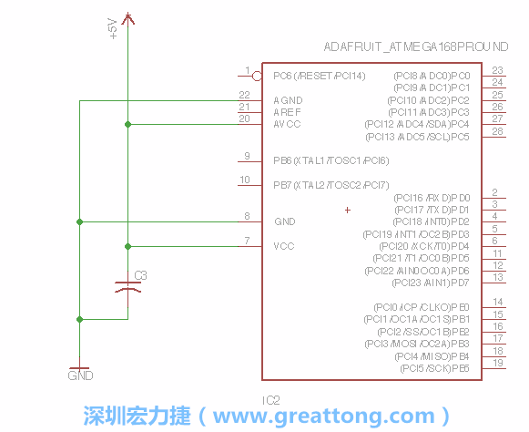 3.1.    新增微控制器晶片（RBBB → ATmega），把它放在電路原理圖的中央附近，把它的兩個接地接頭連接到接地訊號端。