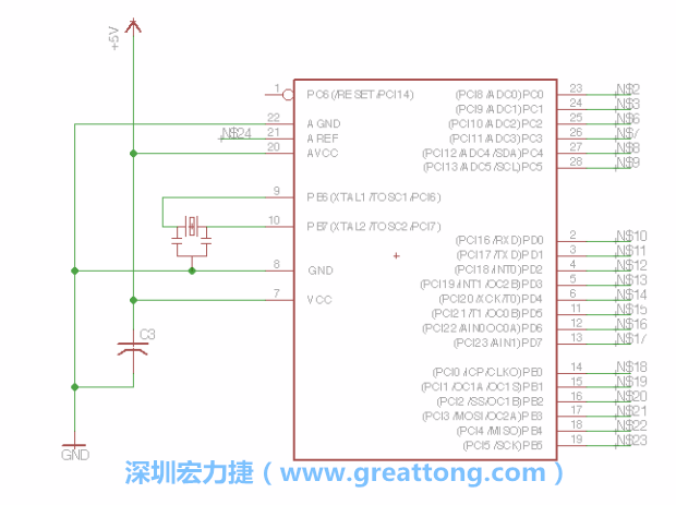 3.3.    將共鳴器（resonator）放置在針腳9和針腳10附近，將它的三個針腳連接如圖所示，并確認最中間的針腳有連到接地端。