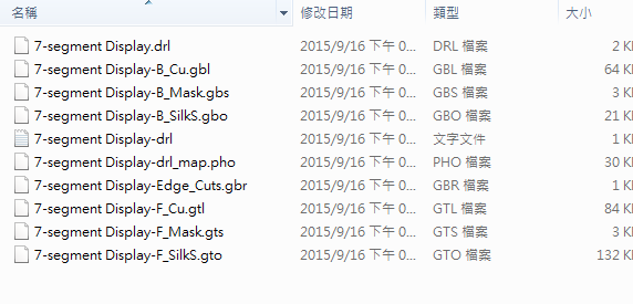 所謂Gerber檔，其實(shí)是包含一群檔案 (如下圖所示)，如包含正反面銅箔層 F.Cu B.Cu.，正反面文字面 F.Silkscreen ，B.Silkscreen，防焊層 SolderMask、板邊裁切Edge.Cuts 等。